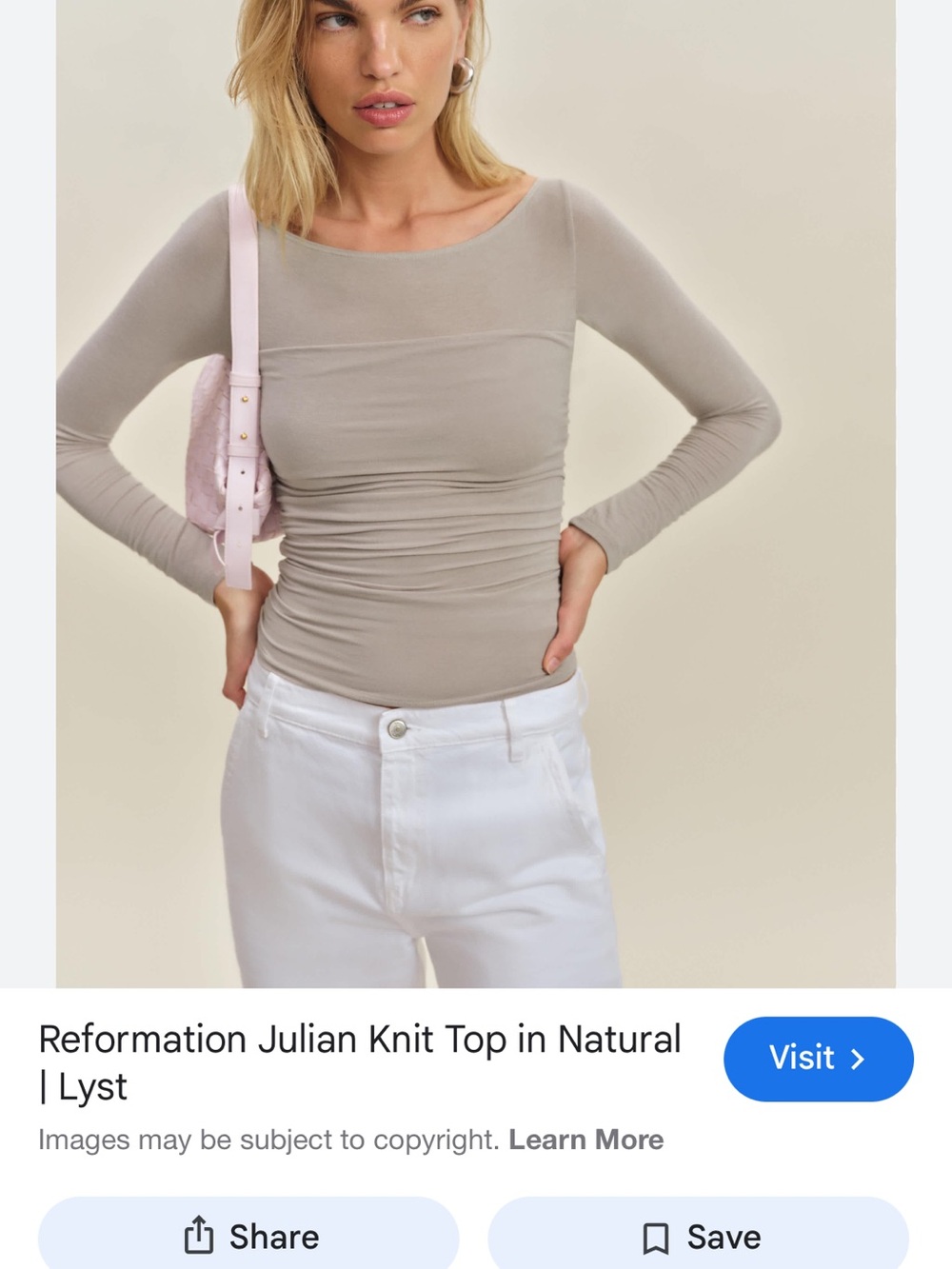 Reformation Julian Light Taupe Ruched Long-Sleeve Top